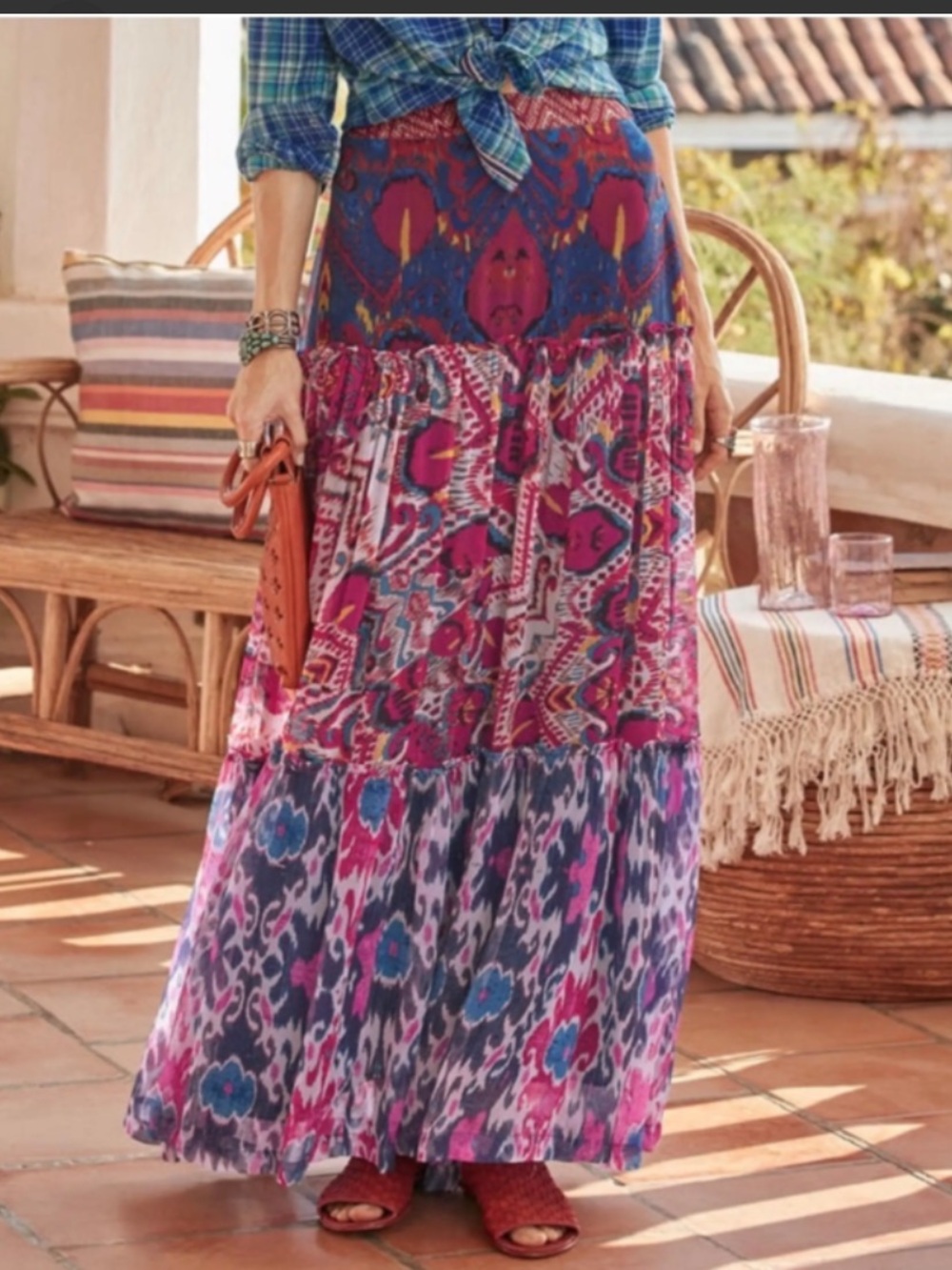 Sundance Skirt Medium Harlin Tiered Maxi Ikat Floral Boho Festival Cupro $168